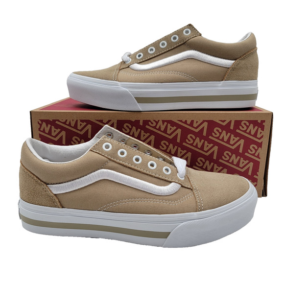 VANS PREMIUM Junior Old Skool Platform Sz 6 Khaki Suede & Canvas VN0009PDKHK - Picture 1 of 11